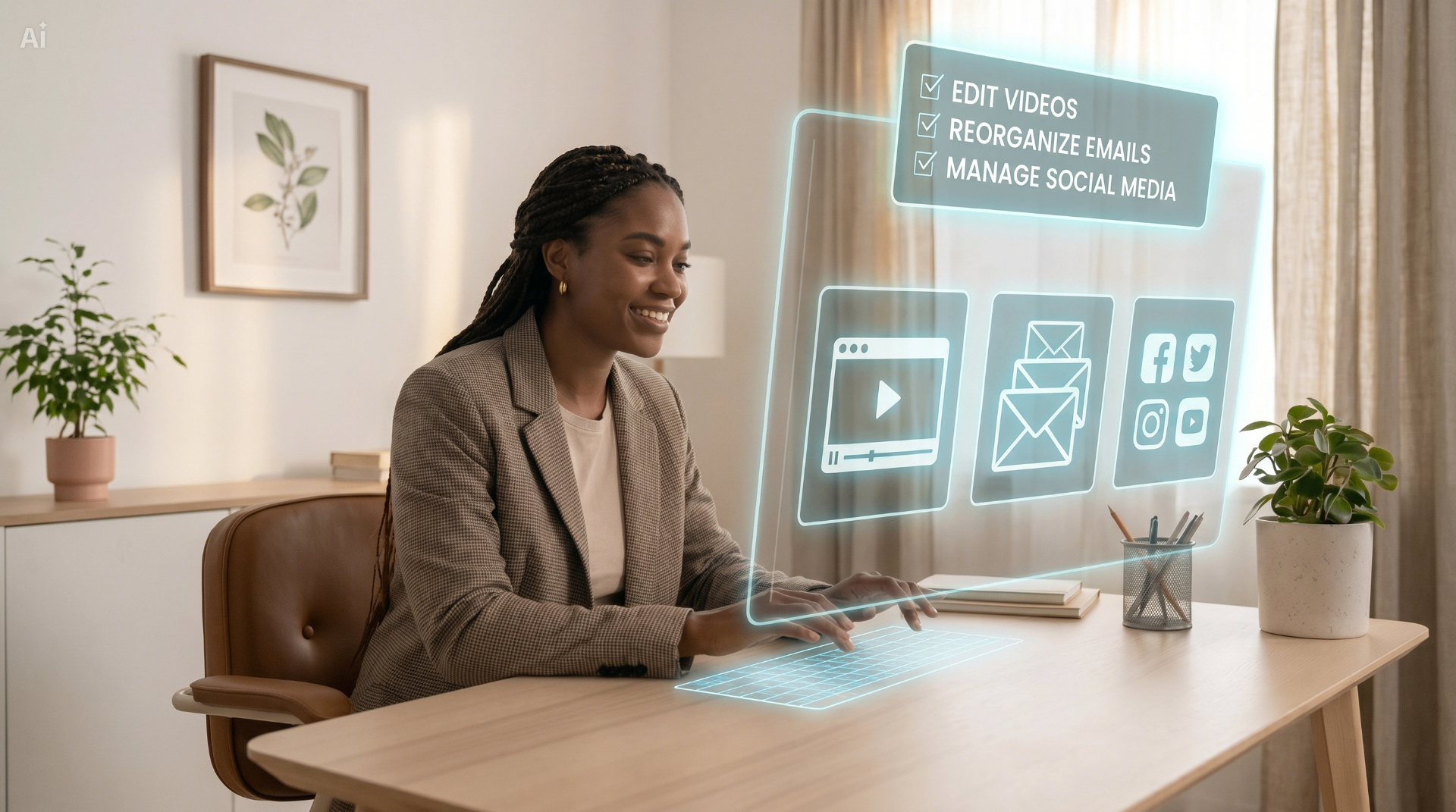 Asistente virtual gestionando tareas digitales desde su escritorio